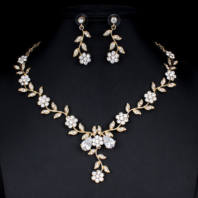 Golden Zircon Jewelry Set Bridal Necklace Earrings Wedding Two-Piece Set