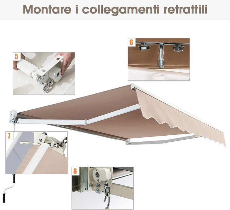 Tenda Da Sole per Esterno Avvolgibile 2,45 X 2 M, Tenda Da Sole a Bracci Estensibili Con Telaio in Alluminio E Tettuccio Resistente Al Sole E Impermeabile E Manovella (245 X 200 Cm Beige)