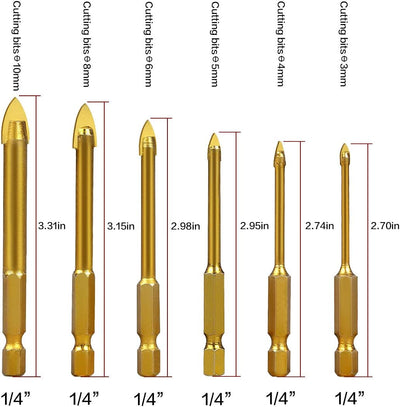 Punta Vetro  Punte Trapano per Bucare Vetro Ceramica Piastrelle Cristallo in Acciaio Di Tungsteno Con Codolo Esagonale Rivestimento in Titanio Set Di 6 Pezzi 3Mm 4Mm 5Mm 6Mm 8Mm 10Mm