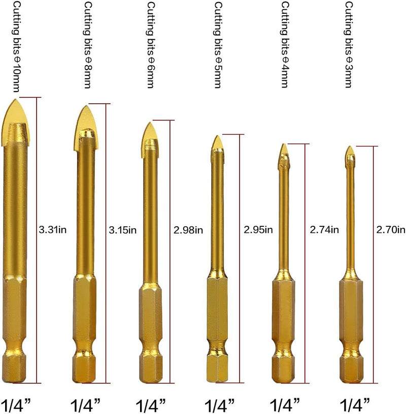 Punta Vetro  Punte Trapano per Bucare Vetro Ceramica Piastrelle Cristallo in Acciaio Di Tungsteno Con Codolo Esagonale Rivestimento in Titanio Set Di 6 Pezzi 3Mm 4Mm 5Mm 6Mm 8Mm 10Mm