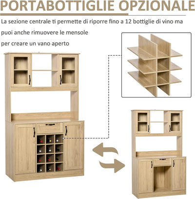 Mobile Cucina Con Cassetto, 4 Armadietti, Mensole E Portabottiglie, Credenza Alta in Legno, Rovere, 106X48X180Cm