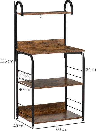 Mobiletto per Microonde a 4 Ripiani E 4 Ganci, Mobile Cucina in Acciaio E Legno 60X40X125Cm, Marrone Rustico