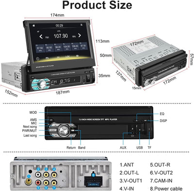 1 Din Autoradio Carplay Android Auto Stereo Con 7 Pollici Manuale Flip Out Schermo, Radio Bluetooth Auto Con FM TF AUX USB Mirror Link per Android/Ios & Retromarcia