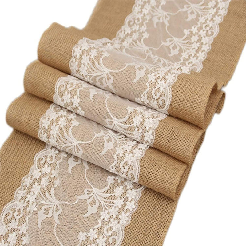 Runner Tavola in Iuta Con Pizzo - Shabby Boho Chic - Runner Tavolo in Jute Eleganti - Decorazioni Matrimonio Tavoli - Centrotavola Tavola per Battesimo (1, 30 X 275 Cm)