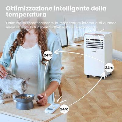 Condizionatore Portatile 7000 BTU/H, AMBRA 8C, 2,0Kw, 25㎡/68M³, 3-In-1 Climatizzatore Portatile, Ventilatore, Raffreddamento, Deumidificazione, 24H Timer, Sleep Mode, Funzione Follow-Me