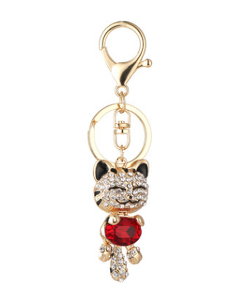 Fashion Enamel Lucky Cat Crystal Keychain Alloy Keyring for Women Party Gift Key Chains