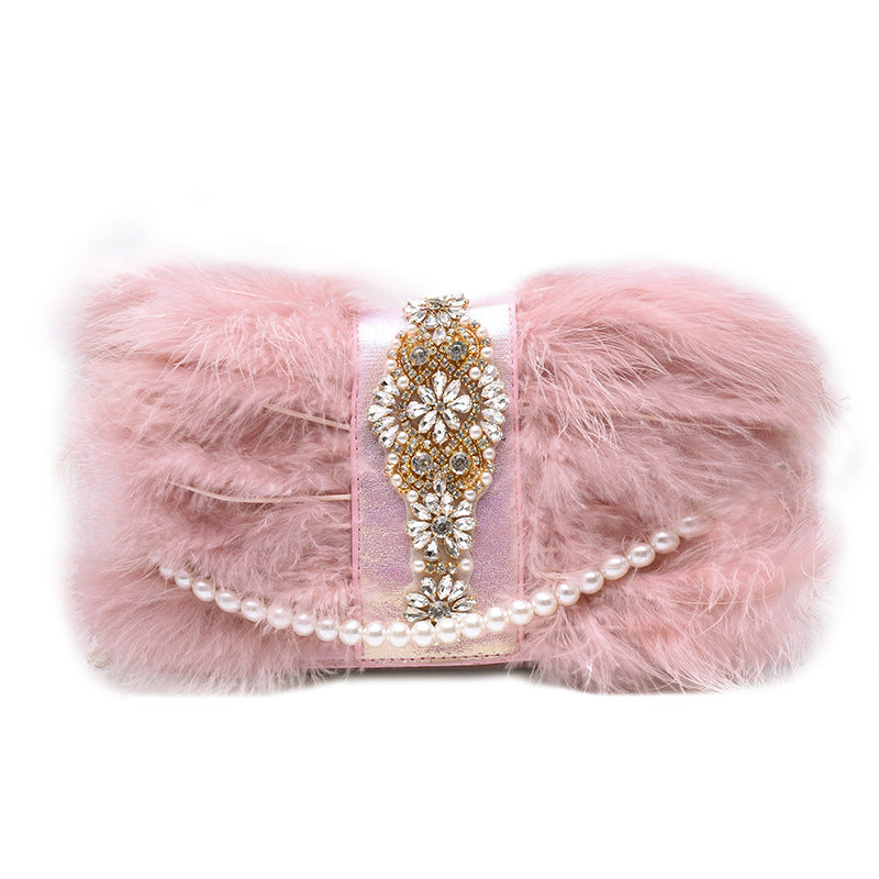 Pearl Chain Diamond-Studded Fur Dinner Plush Bag