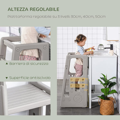 Scaletta per Bambini Torre Montessoriana Altezza Regolabile 3 Livelli, HDPE Inodore, 47X47X90Cm, Grigio