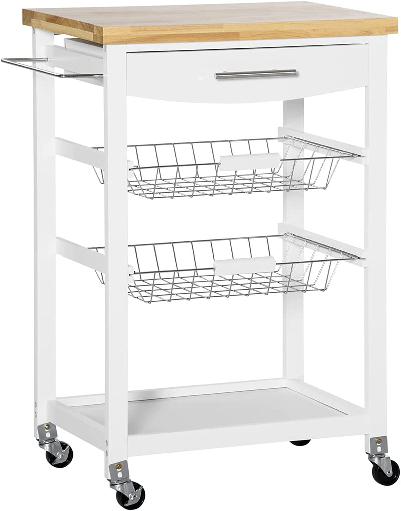 Carrello Da Cucina Con Cassetto E Cestini, Carrellino Porta Vivande Con Ruote Girevoli E Ripiano in Legno, 63X40X86Cm, Bianco