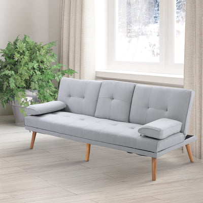 Divano Letto 3 Posti Design Scandinavo Reclinabile 2 Braccioli Staccabili Con Tappetino Antiscivolo Rivestito in Lino Gambe in Legno Pioppo Tavolino a Ribalta Grigio