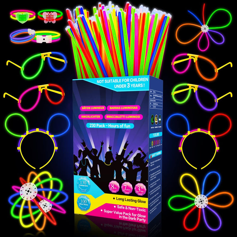 230 Fluo Party Kit, Braccialetti Luminosi Fluorescenti Bambini Adulti Starlight Glow Sticks E Connettori per Bracciali Occhiali Gadget per Comleanno Feste Carnevale Capodanno Pasqua