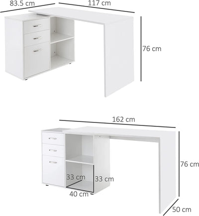 Scrivania Angolare per Computer Da Ufficio Con Cassettiera 117×83.5×76Cm Bianco