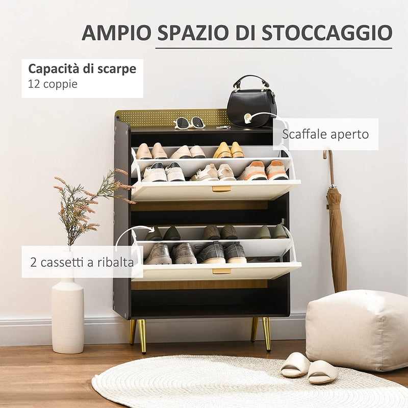 Scarpiera Salvaspazio Slim Con 2 Cassetti a Ribalta E Mensola, Mobile per 12 Paia Di Scarpe in Legno E Metallo, 70X23X101Cm