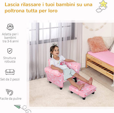 Poltroncina per Bambini Con Poggiapiedi Estraibile, Struttura in Legno Con Imbottitura, 57X42X45Cm, Rosa E Bianco