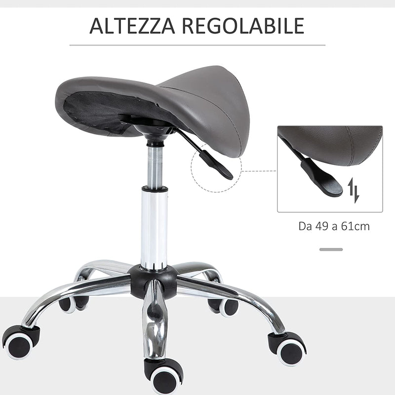 Sgabello Da Lavoro a Sella Con Ruote E Altezza Regolabile per Negozi Parrucchiere E Tattoo, 52X53X49-61Cm Grigio