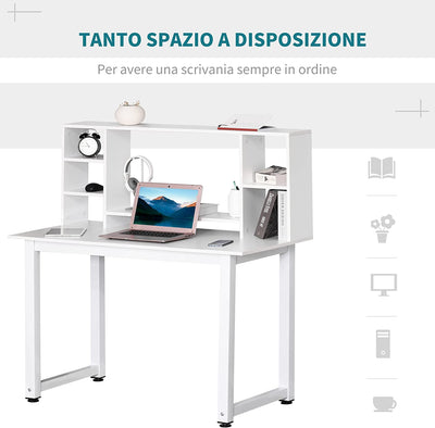 Scrivania Ufficio E Casa per Computer Con Scaffale E Ampio Piano Di Lavoro, Struttura Legno E Metallo 120X60X125Cm, Bianco