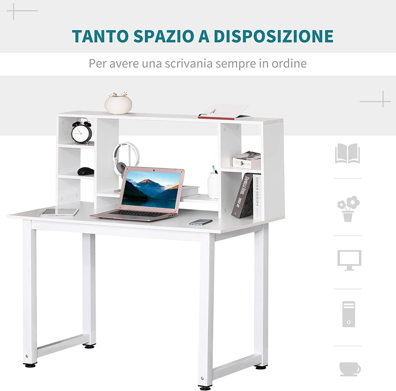 Scrivania Ufficio E Casa per Computer Con Scaffale E Ampio Piano Di Lavoro, Struttura Legno E Metallo 120X60X125Cm, Bianco