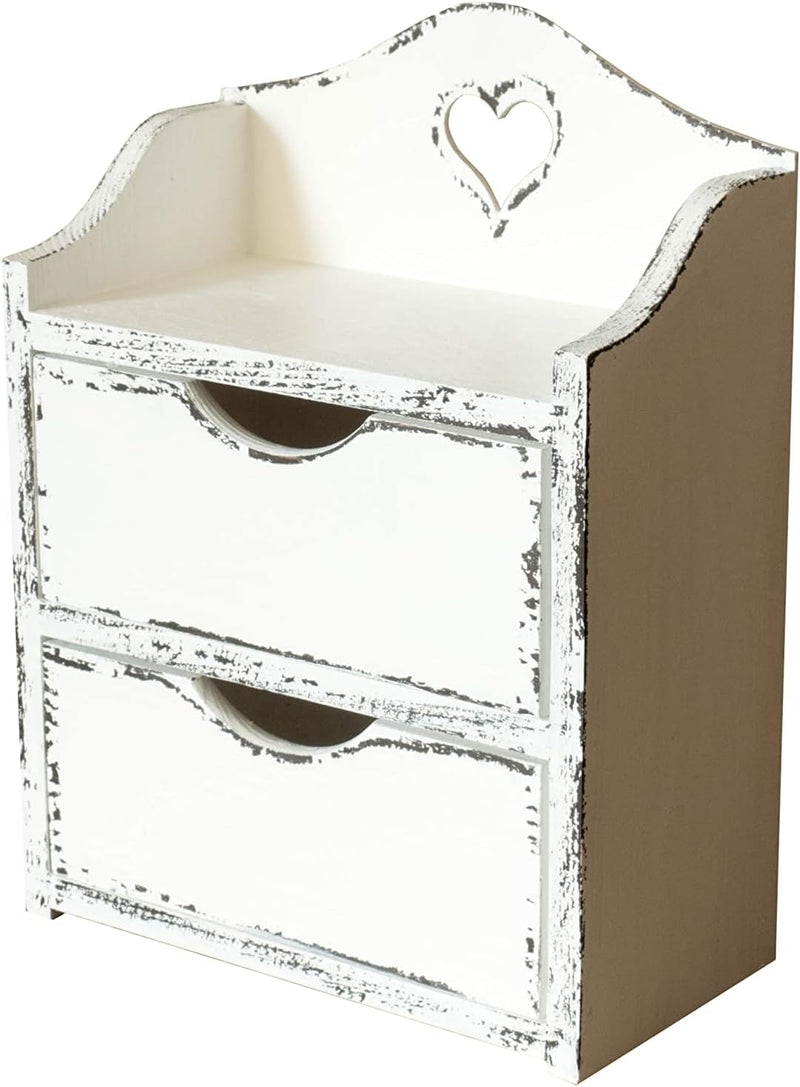 Mini Cassettiera in Legno Con Due Cassetti E Cuore – Bianco Shabby Chic Organizzatore in Legno Organizzatore Da Scrivania – Portagioie