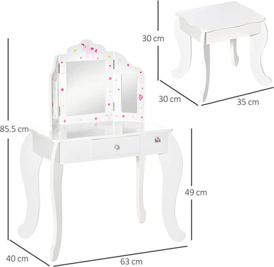 Kids Vanity Table & Stool Girls Dressing Set Make up Desk Chair Dresser Play Set with Rotatable Mirrors Drawer Star & Heart Pattern White