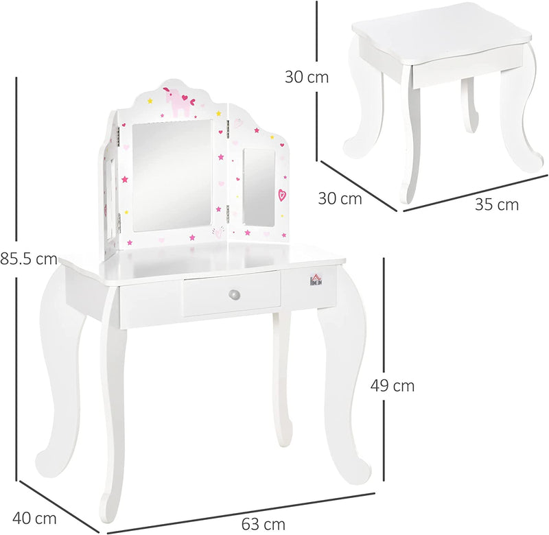 Kids Vanity Table & Stool Girls Dressing Set Make up Desk Chair Dresser Play Set with Rotatable Mirrors Drawer Star & Heart Pattern White