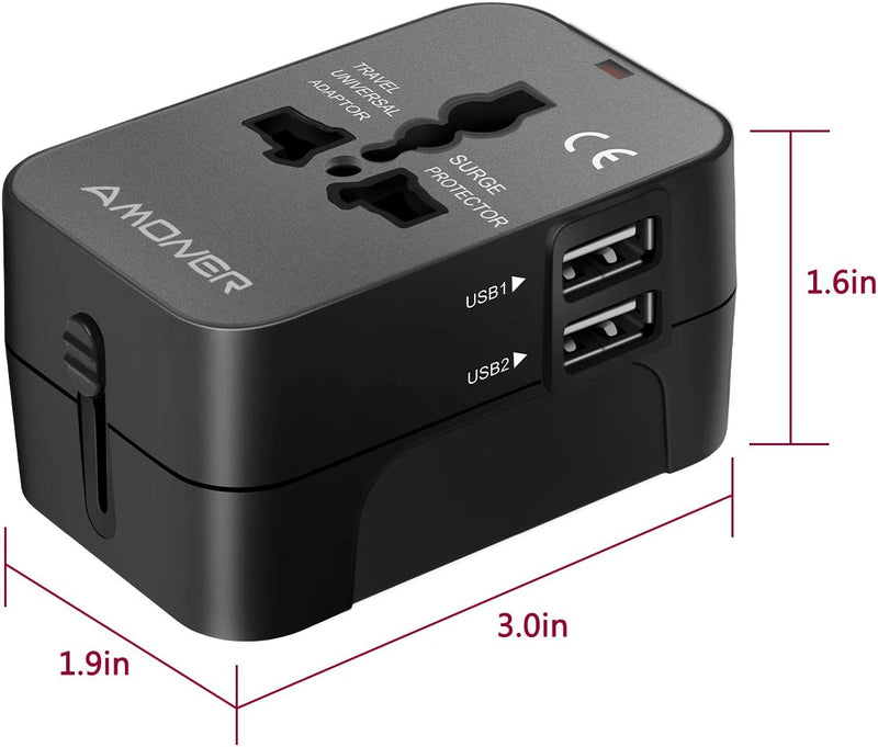 Adattatore Da Viaggio,  Adattatore Da Viaggio Universale Con 2 Porte Caricabatterie USB Adatto per Più Di 180 Paesi (Nero)