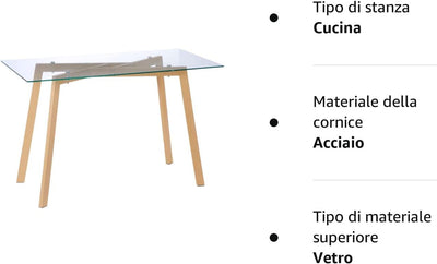 Tavolo Da Pranzo Rettangolare per 4 Persone Max, in Acciaio Con Piano in Vetro Temperato, per Cucina, Sala Da Pranzo E Soggiorno, 120X60X76 Cm