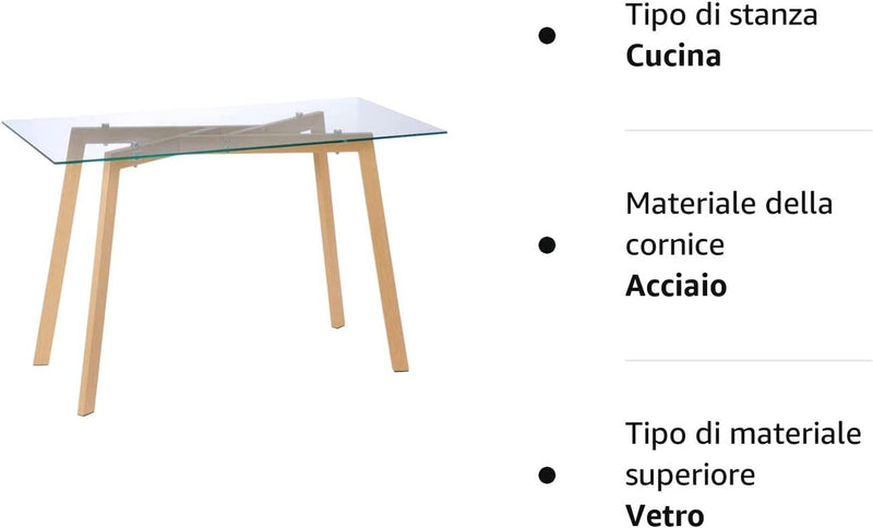 Tavolo Da Pranzo Rettangolare per 4 Persone Max, in Acciaio Con Piano in Vetro Temperato, per Cucina, Sala Da Pranzo E Soggiorno, 120X60X76 Cm