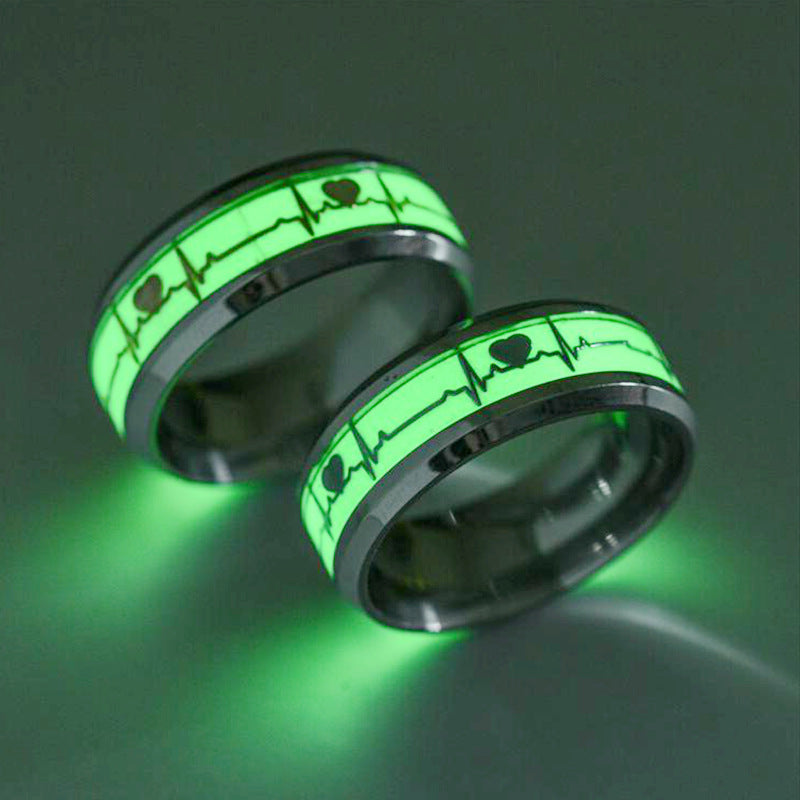 Stainless Steel Luminous Heartbeat Ring ECG Titanium Steel Couple Ring