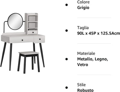 Set Da Toeletta Tavolo per Trucco, Specchio E Sgabello Con 3 Cassetti E Ripiani Aperti, Struttura in Legno, Grigio