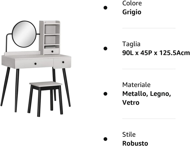 Set Da Toeletta Tavolo per Trucco, Specchio E Sgabello Con 3 Cassetti E Ripiani Aperti, Struttura in Legno, Grigio