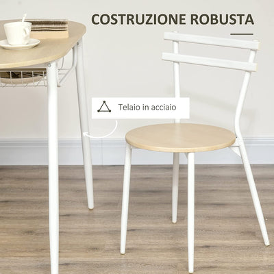 Sedie E Tavolo Da Pranzo, Set 3 Pezzi Con 2 Sedie E Tavolo Ovale Con Ripiano Portaoggetti, in MDF E Acciaio, Color Legno