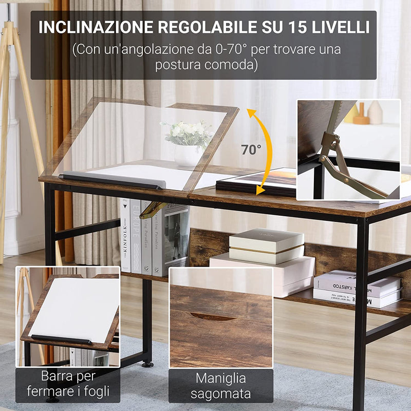 Tavolo Da Disegno Inclinabile Su 15 Livelli Da 0-70°, Scrivania per Camera E Ufficio in Stile Industriale, 120X60X75Cm, Marrone