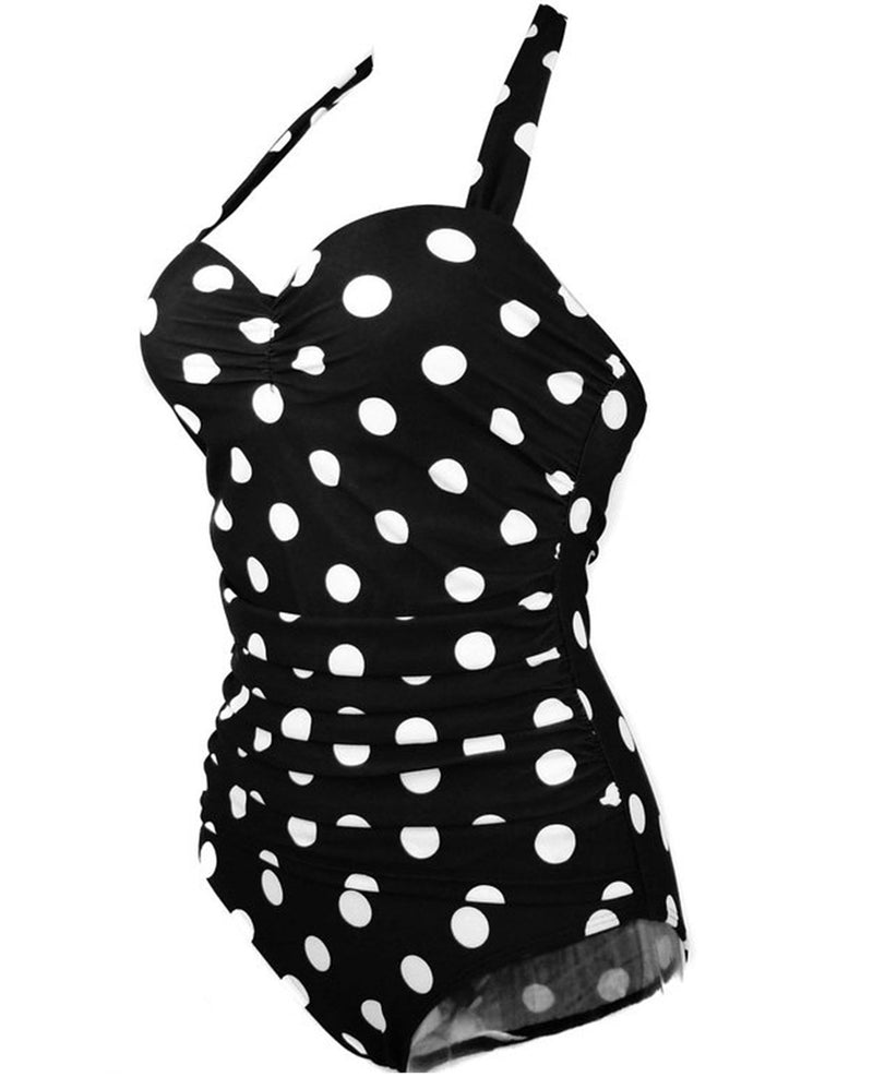 Hot Spring Swimsuit New Sexy Halter Neck Gathered Polka Dot plus Size One-Piece Swimsuit