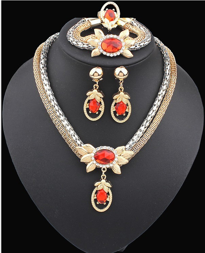 Bridal Alloy Four Pieces of European and American Double Color Crystal Flower Necklace Earrings Bracelet Ring Set 9132