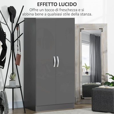 Guardaroba a 2 Ante in Pannelli Di Truciolato Con Asta Inclusa, Design Lucido E Antiribaltamento, 76X47X160Cm, Grigio