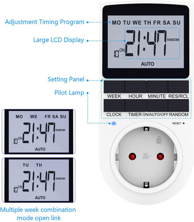 Elettronico Digitale, 10 Interruttori Programmabili Plug-In Timer Con Strumento Di Reset, Display LCD E Modalità Casuale Anti-Theft per Illuminazione, Ventola, ECC, Bianco, 1 Pezzo