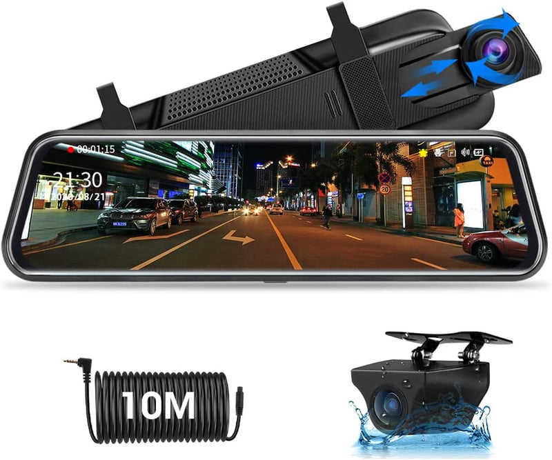 【Neue Version】 Specchio Retrovisore Auto 10 Pollici Touchscreen, Posteriore E Anteriore 1080P Mirror Dash Cam Specchietto Retrovisore Con Cavi Da 10M, Visione Notturna Grandangolare 170°