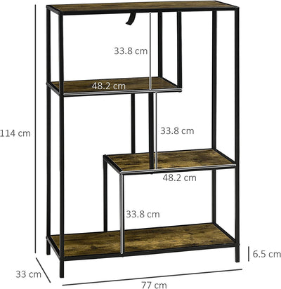 Libreria Moderna Stile Industriale a 4 Ripiani, Scaffale in Legno E Metallo per Salotto E Ufficio, 77X33X114Cm, Marrone