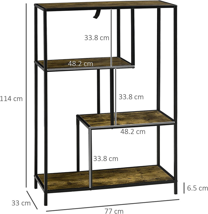 Libreria Moderna Stile Industriale a 4 Ripiani, Scaffale in Legno E Metallo per Salotto E Ufficio, 77X33X114Cm, Marrone