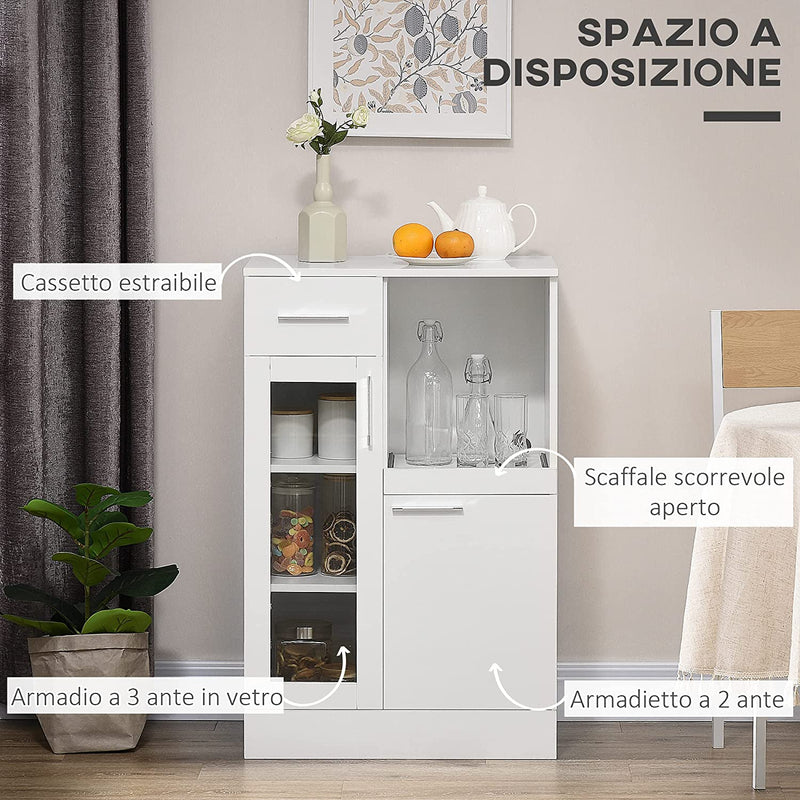 Credenza Moderna Con Armadietti E Cassetto, Mobile Cucina Salvaspazio in Legno E Vetro 60X40X95Cm, Bianco