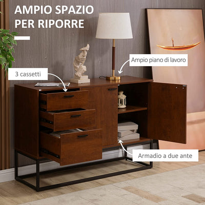 Mobile Buffet Stile Industriale Con Armadietto 2 Ante E 3 Cassetti, Madia in Legno E Acciaio Con Mensole Regolabili, 120X40X83Cm, Marrone