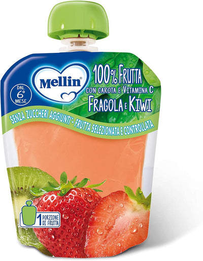 , Pouch Merenda 100% Fragola E Kiwi Con Carota E Vitamina C - 6 Confezioni Da 90 Gr