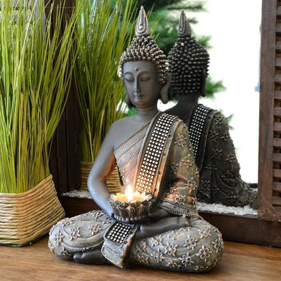 Intrendu - Statuetta Di Buddha Cinese, 31 Cm, Con Portacandela, Decorazione Zen per Interni Feng Shui