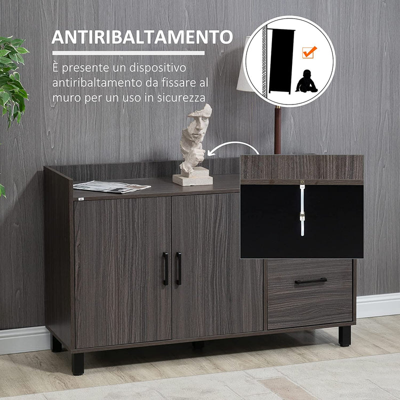 Mobile Multiuso in Legno Con Armadietto 2 Ante E Cassetti, Piccola Credenza per Soggiorno E Ingresso, 120X40X80Cm, Grigio