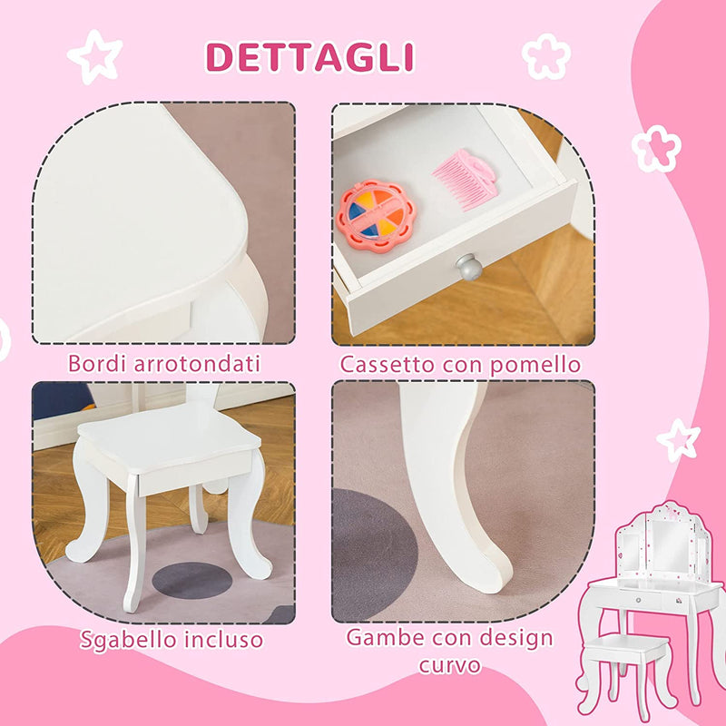 Kids Vanity Table & Stool Girls Dressing Set Make up Desk Chair Dresser Play Set with Rotatable Mirrors Drawer Star & Heart Pattern White