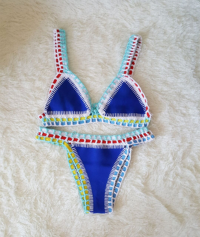 Europe and the United States Sexy Hand Crochet Colorful Bikini Set, Spell Color Rubber, Ladies Knitted Swimwear Wholesale