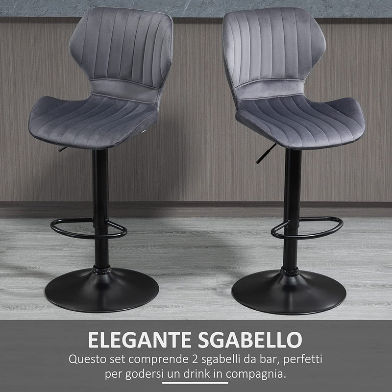 Set Di 2 Sgabelli Da Bar Alti in Velluto Imbottiti Con Altezza Regolabile, Sgabelli Cucina Girevoli Con Schienale E Poggiapiedi, 47X51.5X94-114Cm Grigio