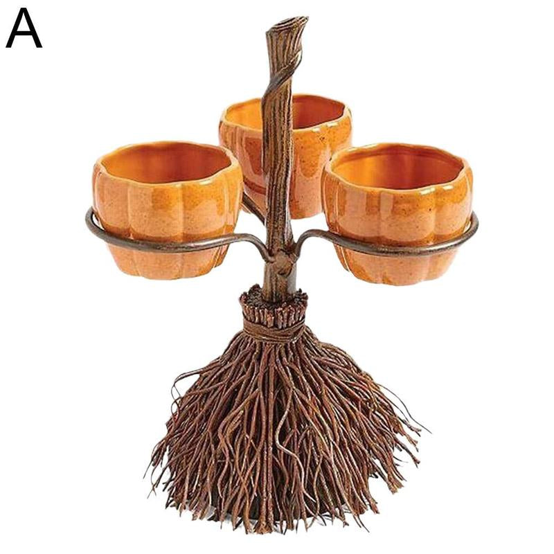 Halloween Broom Pumpkin Snack Bowl Rack Decorations Home Decor