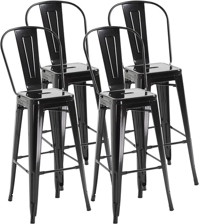 Set 4 Sgabelli Da Bar Impilabile Sedie Alti Da Cucina, in Metallo Con Schienale Rimovibile, Design Industriale Con Poggiapiedi, 44X49X116Cm, Nero