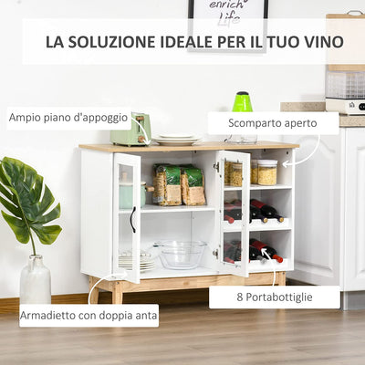 Credenza Moderna Con Armadietto, 3 Ripiani Laterali in Legno Massiccio Con Cantinetta Portabottiglie, Salvaspazio, 103X34X80Cm Bianco